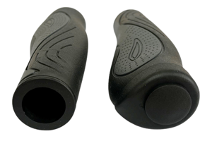 Angled front view of two black and grey injection moulded rubber grips with a matte finish. One showing the open end, one showing the closed end.