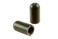 Side-by-side view of two round, black, TPR injection moulded end tips—one standing upright and one lying on its side.