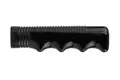 Side view of a black plastic injection moulded finger-nubbed grip handle with some ribbing.