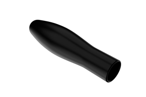 Angled view of a black, flexible dip moulded, gloss PVC bulbous grip.