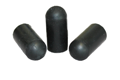 Side-by-side view of three round, black, hi-temp EPDM injection moulded protective caps—one upright and two on their sides pointing towards each other.