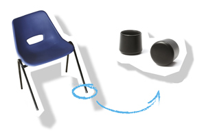Illustration showing how black plastic ferrules fit into school chair legs.