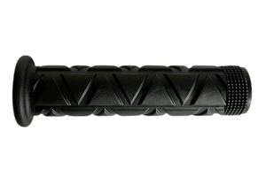 Side view of a black injection moulded rubber handle-grip with a flanged open end and triangular pattern.