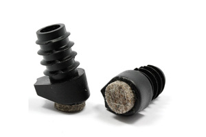 Side view of two round black plastic tube inserts with angled anti-scratch felted bases designed to protect floors.