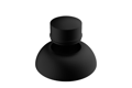 Angled front-top view of a two-piece, domed, black LDPE injection moulded secure nut and bolt cover cap.