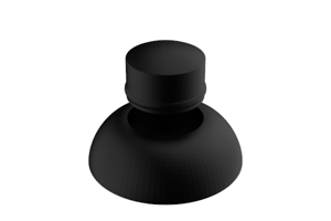 Angled front-top view of a two-piece, domed, black LDPE injection moulded secure nut and bolt cover cap.