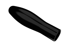 Angled view of a black, flexible dip moulded, glossy PVC bulbous handgrip.