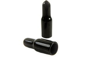 Side-by-side view of two round, black, flexible PVC dip moulded pull-tab caps—one upright and one tilted to display the open end.