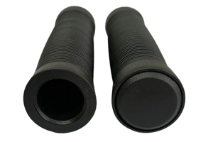 Angled front view of two black injection moulded rubber grips with a multiple fins. One showing the open end, one showing the closed end.