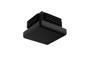 Render of black plastic square tube insert used as a chair foot for school furniture.