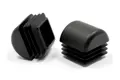 Side view of two square black injection moulded plastic tube inserts with domed bases.