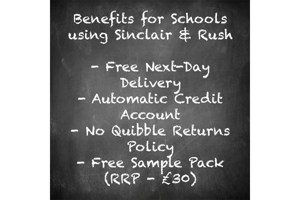 Blackboard with chalk writing listing the benefits of ordering from Sinclair & Rush.