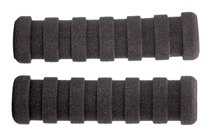 Side-by-side view of two black foam extrusion moulded grips with straight flat ribs from one side to the other.