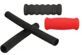 Top down angled view of four foam sleeves and grips of varying designs. One is red and three are black.