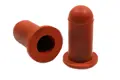 Side-by-side view of two round, red, hi-temp silicone washer caps—one upright and one tilted to display the open end.