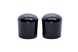 Side-by-side view of two black glossy LDPE straight-sided injection moulded chair feet with a curved base.