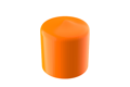 Angled front-top view of a round, orange, flexible PVC dip moulded protective cap.