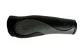 Side view of a black and grey rubber injection moulded handle grip with a wavey design.
