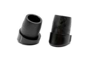 Pair of angled plastic school chair feet in black.