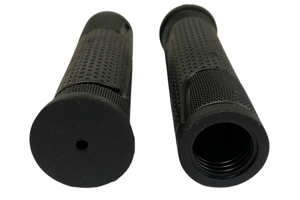 Side-by-side view of two black injection moulded rubber grips with divots and some textured finish.