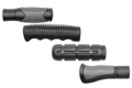 Side view of four black rubber injection moulded grips in varied ergonomic designs, including textured panels, finger grooves, and segmented or contoured surfaces.