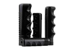 Side view of four black plastic injection moulded finger-nubbed and ribbed grip handles. Three standing up and one on its side.