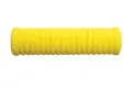 Side view of a yellow textured foam moulded grip with multiple curved grooves from one side to the other.