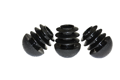 Three domed round plastic tube inserts in black LDPE.