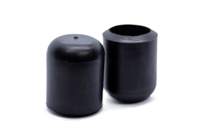 Side view of two black straight-sided injection moulded chair feet. One facing up, one facing down.