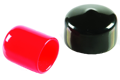 Side view of a red and a black round, flexible PVC dip moulded protective cap, shown at slight angles to reveal interior and exterior finishes.