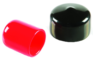 Side view of a red and a black round, flexible PVC dip moulded protective cap, shown at slight angles to reveal interior and exterior finishes.