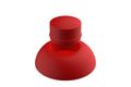 Angled front-top view of a two-piece, domed, red LDPE injection moulded secure nut and bolt cover cap.