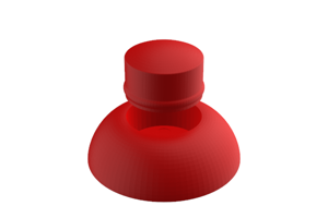Angled front-top view of a two-piece, domed, red LDPE injection moulded secure nut and bolt cover cap.