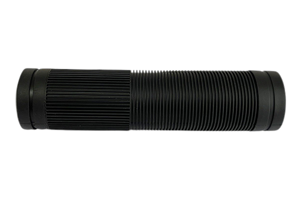 Side view of a black injection moulded ribbed rubber handle with fins.