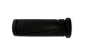 Side view of a short black rubber injection moulded grip with some texture and dimples.