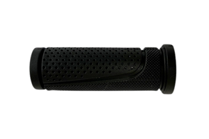 Side view of a short black rubber injection moulded grip with some texture and dimples.