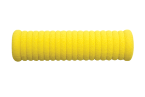 Side view of a yellow textured foam moulded grip-handle with multiple curved grooves from one side to the other.