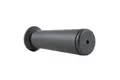 Angled side view of a black textured plastic tapered handle-grip with a flanged open end.