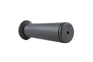Angled side view of a black textured plastic tapered handle-grip with a flanged open end.