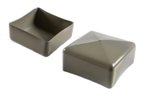Angled side-by-side view of two square, grey, flexible PVC dip moulded protective caps—one upright and one inverted to show the closed end surface.