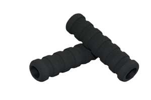 Diagonal view of two stacked black foam extrusion moulded grips with straight flat cut-outs from one side to the other.