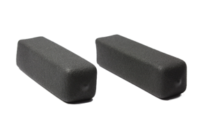 Angled view of two black, flexible textured PVC dip moulded square grips.