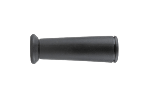 Side view of a black textured plastic tapered handle-grip with a flanged open end.
