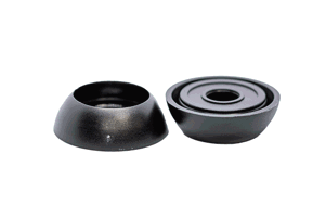 Angled front-top view of the base sections of two black LDPE injection moulded secure nut and bolt cover caps.