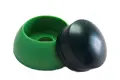 Angled front-top view of a two-piece, domed LDPE injection moulded secure nut and bolt cover cap. The base component is green and the cover is black.