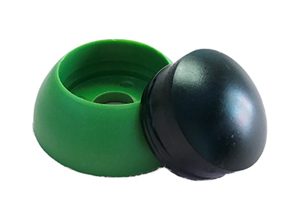 Angled front-top view of a two-piece, domed LDPE injection moulded secure nut and bolt cover cap. The base component is green and the cover is black.