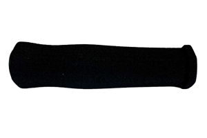 Side view of a black high density foam extrusion moulded sleeve with a plastic end cap.