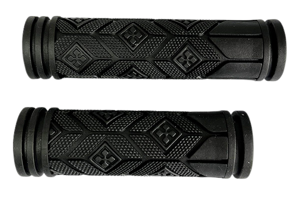 Side-by-side view of two injection moulded rubber grips that have a textured, patterned design. One is slightly longer than the other.