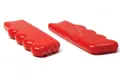 Side-by-side view of two red, flexible gloss PVC dip moulded finger-nub flat sleeves.