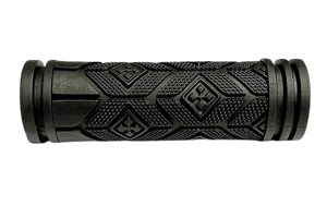 Side view of a matte black rubber grip with a textured patterned design.